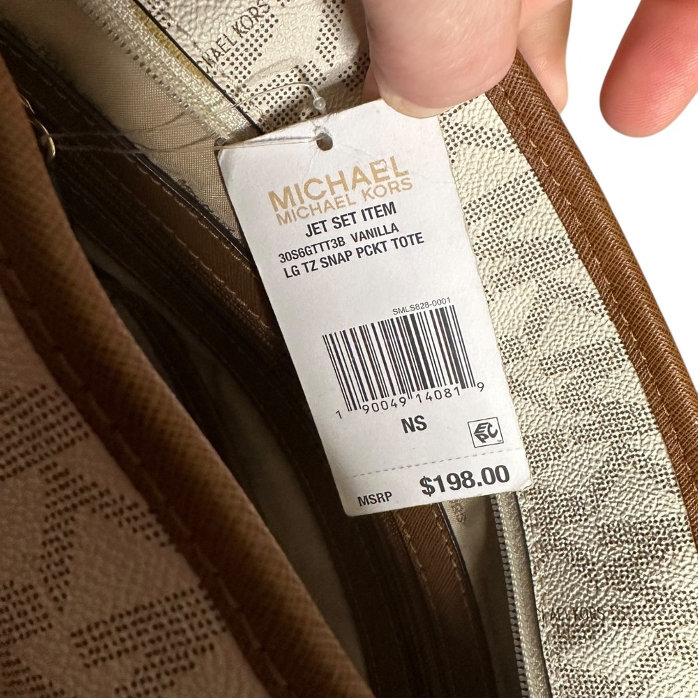 Michael Kors Vanilla MK Signature Logo Jet Set Tote Bag Brown Leather Straps NWT - Picture 7 of 13